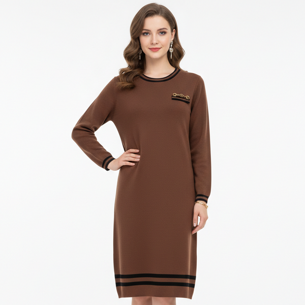 Elegant Brown Knitted Dress with Gold Accent Pocket for Women