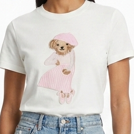 Premium Chic White Embroidered Bear T-Shirt For Women