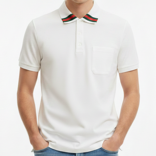 Premium Classic White Designer Polo T-Shirt with Signature Stripe Collar