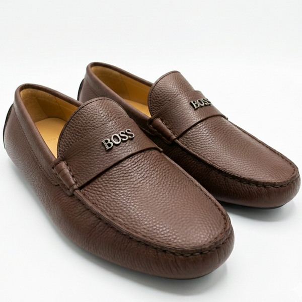 Men’s Brown Leather Slip-On Loafers with Premium Logo