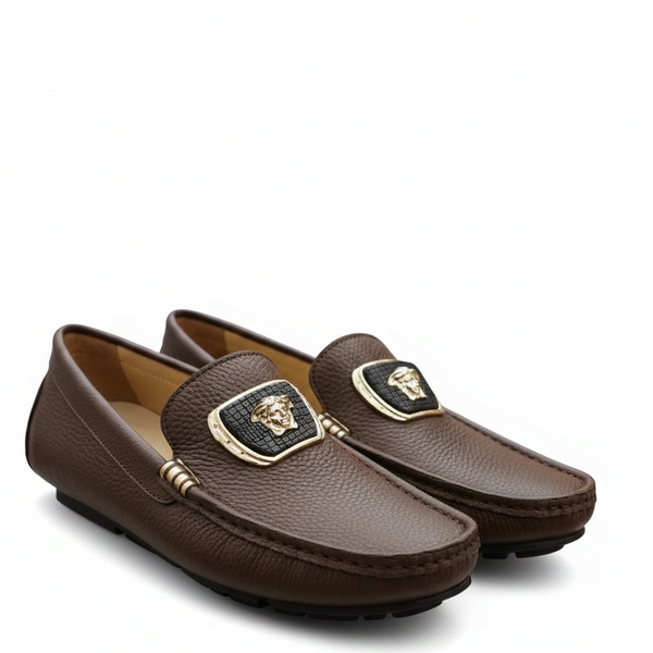 Men’s Leather Slip-On Loafers with Gold Metal Detail Luxury Formal Shoes