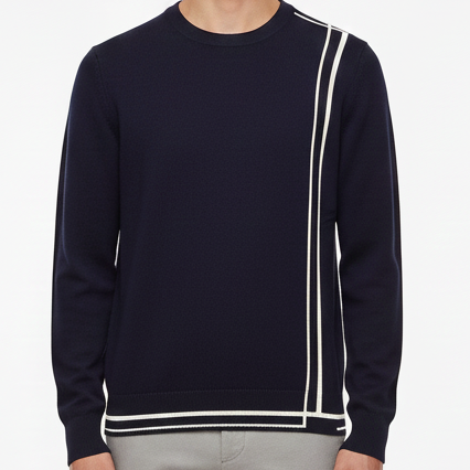 Men’s Navy Blue Crew Neck Sweater with Contrast Line Design