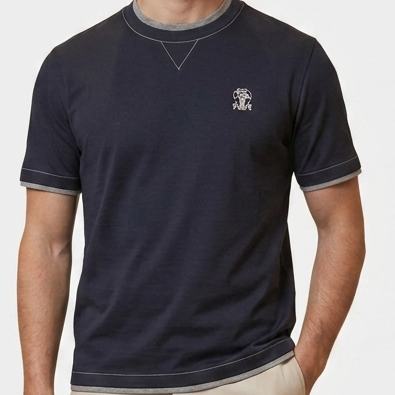 Men's Premium Navy Blue Contrast Trim Crew Neck T-Shirt | Half Sleeve Tee