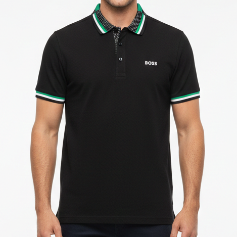 Exclusive Branded Black Polo T-Shirt with Green & White Trim