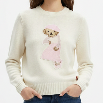 Women’s Cream Knit Sweater with Cute Teddy Embroidery