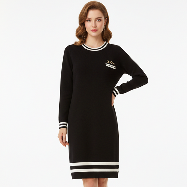 Elegant Black Knit Mini Dress with Gold Accent Pocket for Women