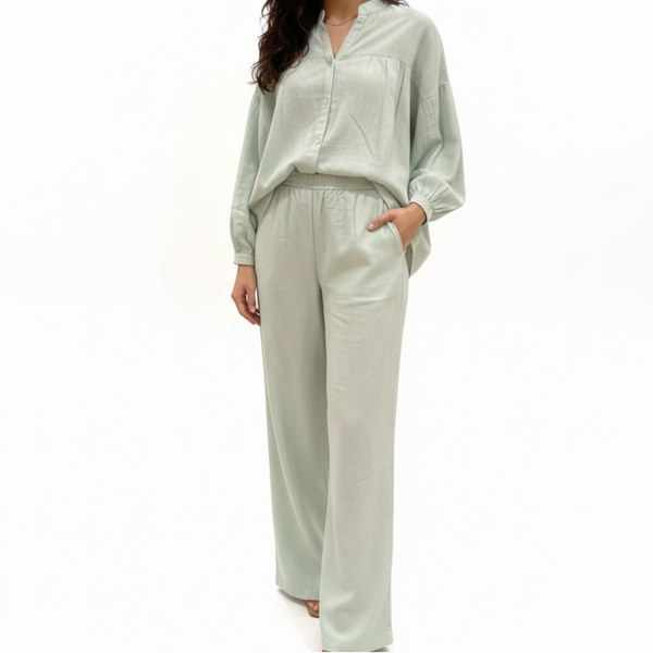 Women’s Mint Green Co-Ord Set Stylish Shirt with Wide Leg Pants