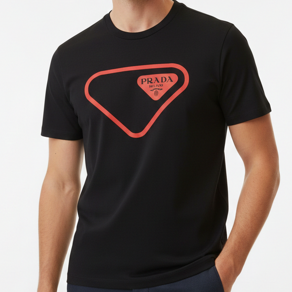 Luxury Black Drop shoulder T-Shirt with Bold Red Triangle Logo Print