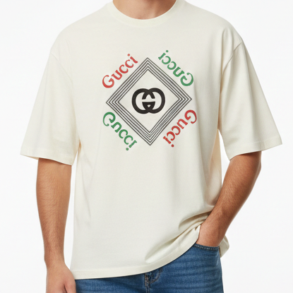 Luxury Cream Logo Print Drop Shoulder T-Shirt Premium Designer Style