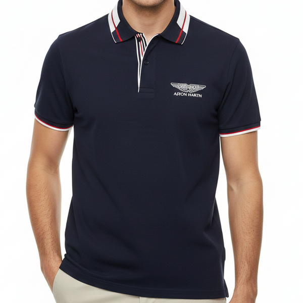 Premium Navy Polo Shirt with Red & White Stripe Collar