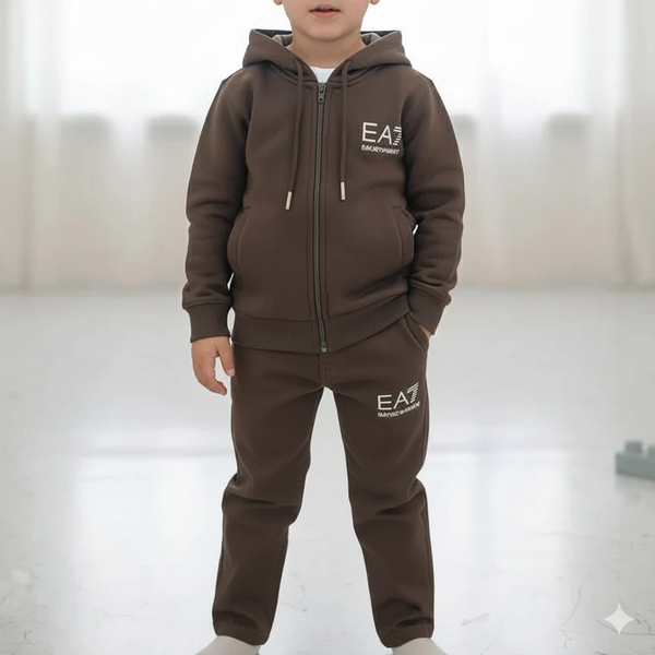 Kids Zip-Up Hoodie and Jogger Set - Brown