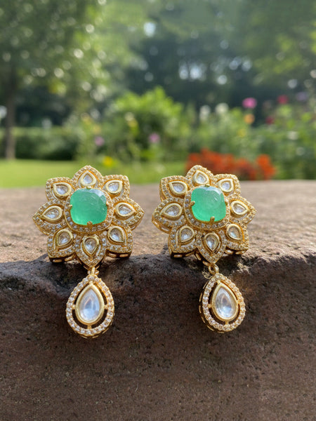 Royal  Necklace Set  with Green Stone Centerpiece & Matching Earrings