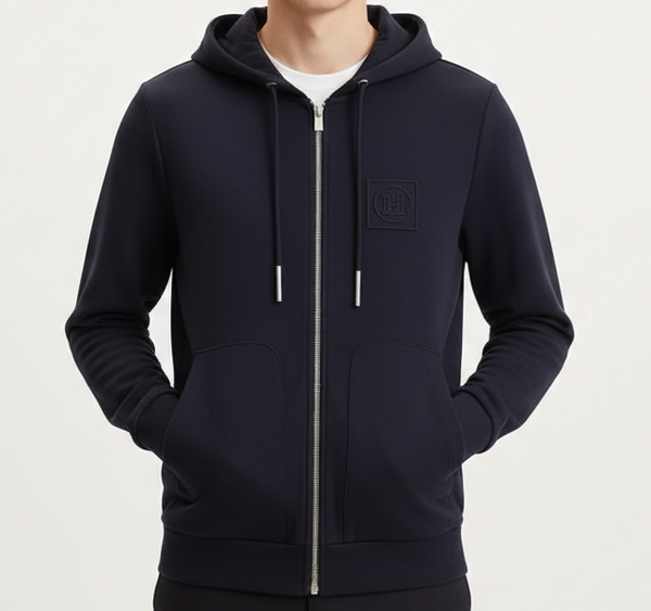Premium Navy Blue Zip-Up Hoodie with Modern Minimal Design