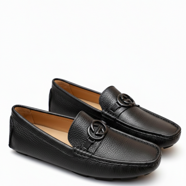 Luxury Black Leather Slip-On Loafers with Iconic Buckle