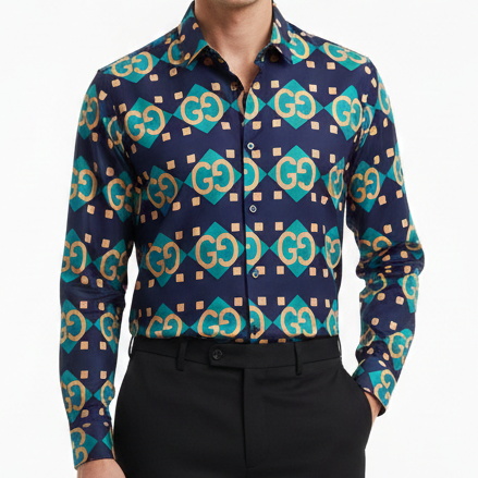 Geometric GG Pattern  Shirt Navy & Teal Luxury Edition