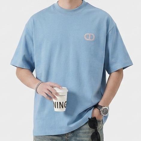 Stylish Blue Oversized T-Shirt with Embroidered Chest Logo