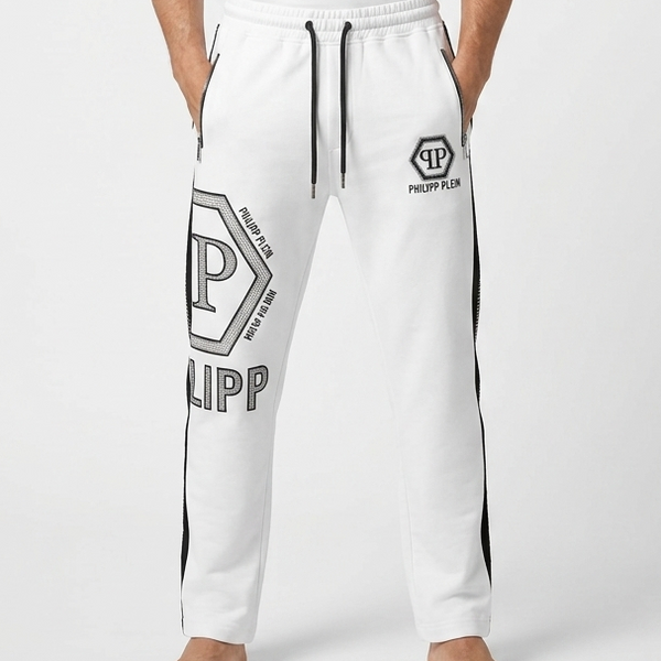 Premium Men’s White Designer Track Pants Stylish Regular Fit Joggers with Zip Pockets