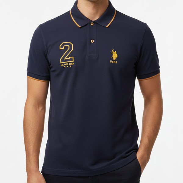 Men’s Navy Blue Polo T-Shirt with Contrast Piping & Embroidered Logo