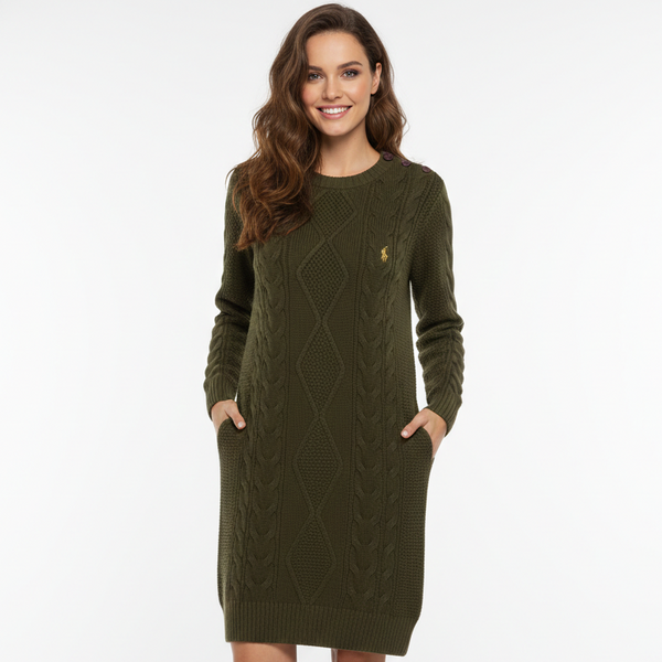 Olive Green Cable-Knit Sweater Dress for Women
