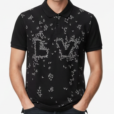 Luxury Black Polo T-Shirt with All-Over Brand  Monogram Print