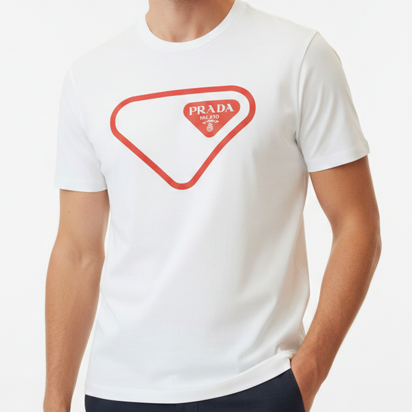 Luxury Brand White Drop Shoulder T-Shirt with Iconic Triangle Logo Print
