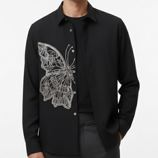 Elegant Black Shirt with Butterfly Embellishment