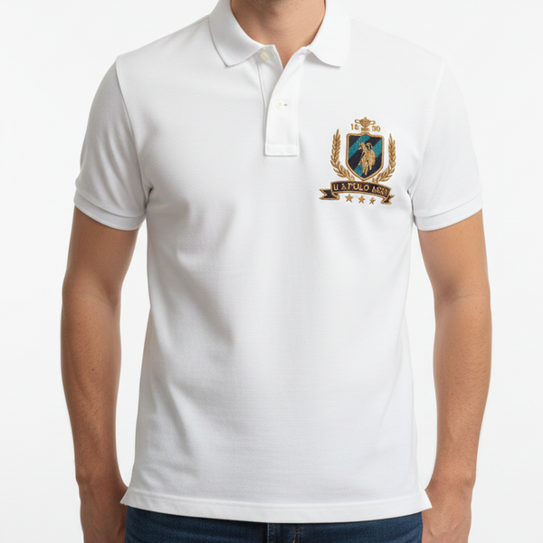 Imported Brand  Men’s Classic White Polo T-Shirt with Embroidered Crest Logo