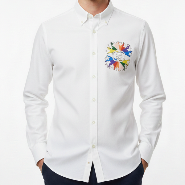 Men’s Luxury White Shirt with Colorful Embroidered Chest Design