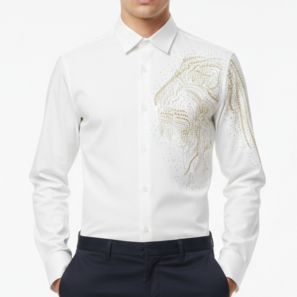 Men’s Premium White Shirt with Elegant Gold Lion Design