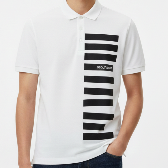 White Polo T-Shirt with Bold Vertical Stripe Print