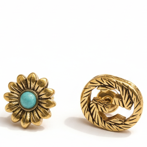 Elegant Gold Single-Ear Stud Earrings with Turquoise Accent