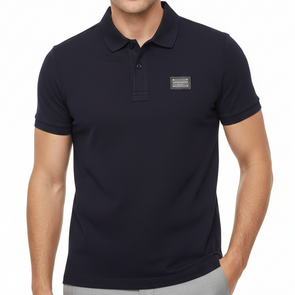 Premium Navy Blue Logo Plaque Polo Shirt Elegant Signature Edition