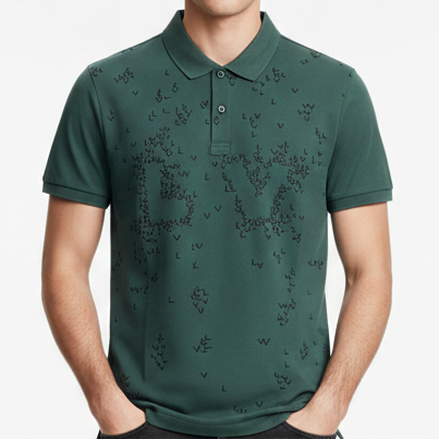 Luxury Green Polo T-Shirt with All-Over Monogram Print