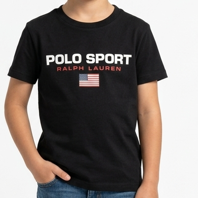Kids Black Polo Sport Graphic T-Shirt with Front Logo Print