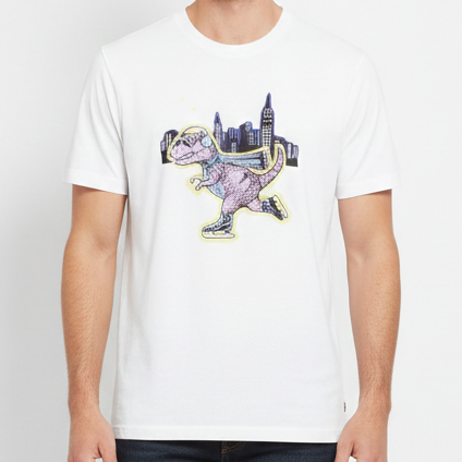 Premium White Graphic T-Shirt with Playful Dino City Print