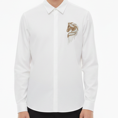 Luxury White Embroidered Horse Logo Formal Shirt