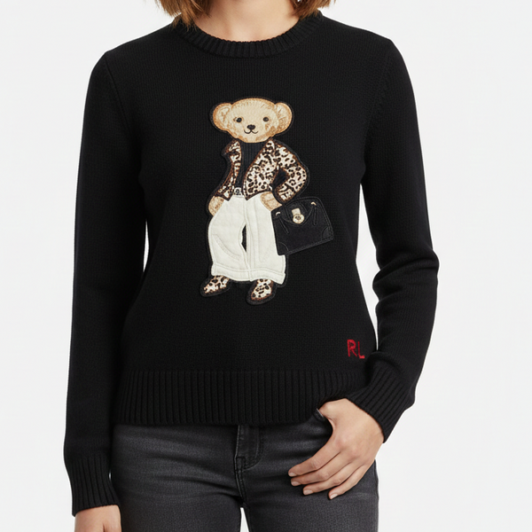 Women’s Luxury Black Pullover with Cute Bear Appliqué