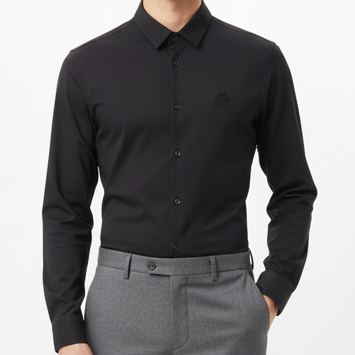 Men’s Solid Black Full Sleeve Casual Shirt with Logo Detail