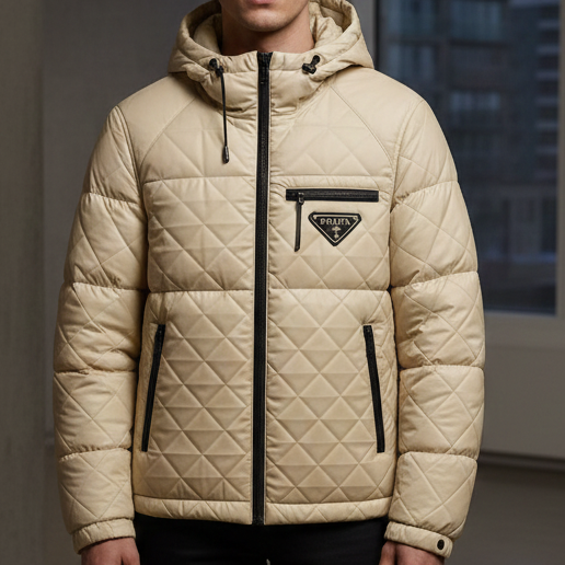 Luxury Beige Quilted Hooded Puffer Jacket with Black Zip Detailing