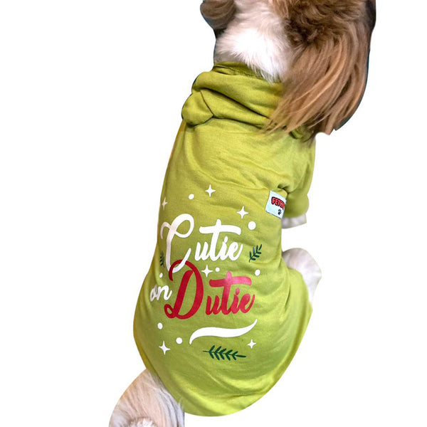 Green 'Cutie On Duty' Pet Dog Jumpsuit With Sleeves and Hood | Soft Cozy & Breathable Cute Bodysuits for Small Breeds
