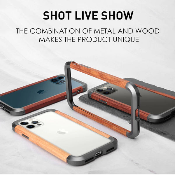 Real Wooden+Metal Frame Armor Case for iPhone 12 & 13 Series