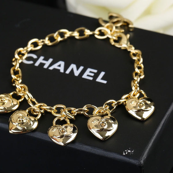 Gold Finish CC Heart Lock Charms Bracelet