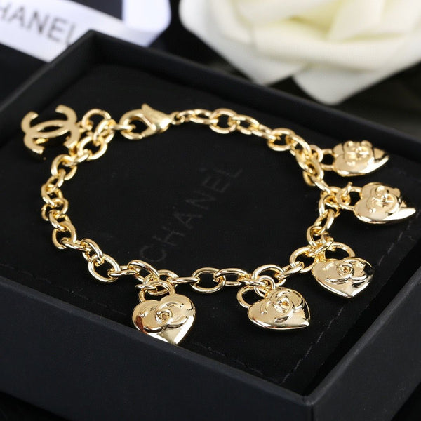 Gold Finish CC Heart Lock Charms Bracelet
