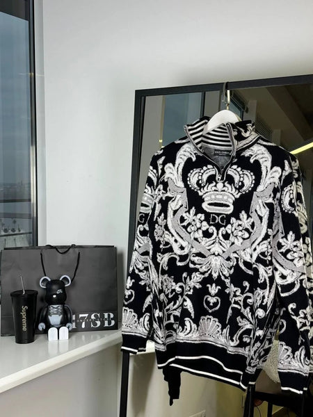 Baroque-Print Zip Neck Pullover For Men