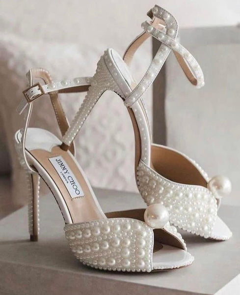 White Satin Sandals with All Over Pearls
