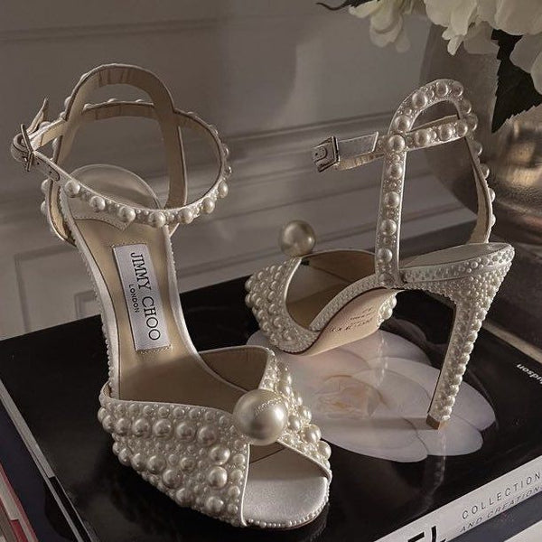 White Satin Sandals with All Over Pearls