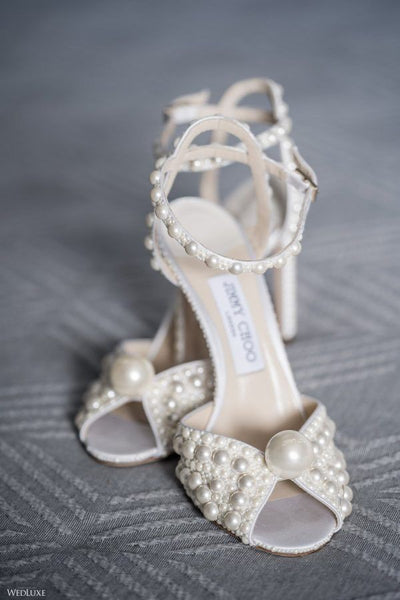 White Satin Sandals with All Over Pearls