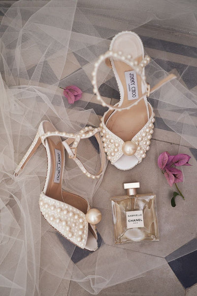 White Satin Sandals with All Over Pearls