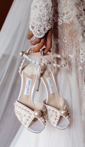 White Satin Sandals with All Over Pearls