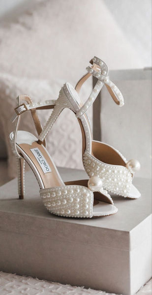 White Satin Sandals with All Over Pearls